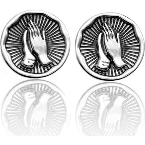 Vintage 925 Sterling Silver Round Praying Hand Stud Earrings For Women Kids Wedding Gift Female pendientes eh1402