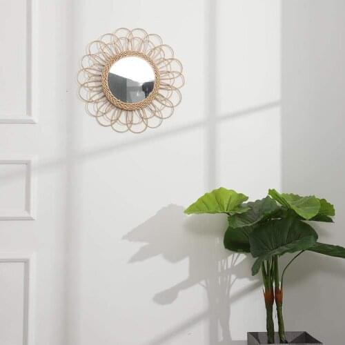 Hanging Mirror Rattan Sunflower Circular Wall Mirror Decor Boho Wicker Dressing Makeup Mirrors SCIE999
