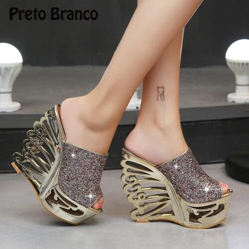 PRETO BRANCO Sexy High Heel Slope Gold Silver Personality Shaped Wedding Shoes Bridal Shoes 15 Cm Sandals Slippers ZYW-1076-2