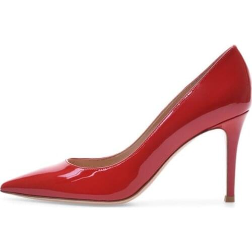 Moraima Snc Sexy Pointed Toe High Heel Shoes Red Patent leather Classic Woman Pumps Thin heels Dress Shoe Black White Yellow