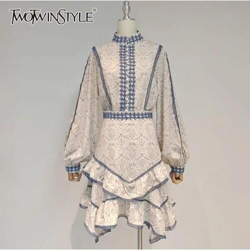 TWOTWINSTYLE Casual Colorblock Two Piece Set Women Stand Long Sleeve Top High Waist Ruffle Mini Skirt Loose Womens Suit Fashion