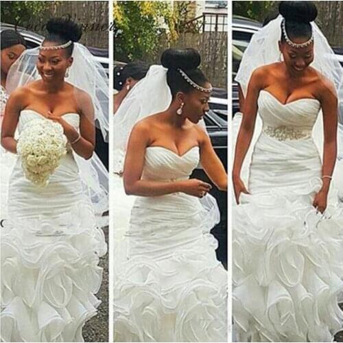 Sweetheart Elegant Mermaid Wedding Dresses Pleat Tassel Triered Skirt Plus Size Court Train Bride Gowns Wedding Dresses W0405