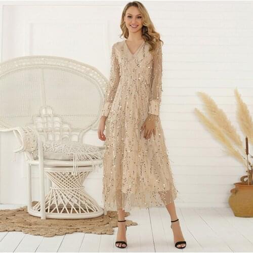 Sequins Formal Wedding Bridesmaid Ankle Length Dresses Women High Waist Long Sleeve Party Ball Prom Cocktail Autumn Sexy Dress 4