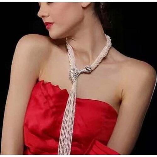 10row Sweater chain tassel pendant multi zircon interlayer with pearl necklace long tassel for girlfriend Necklace 32inch