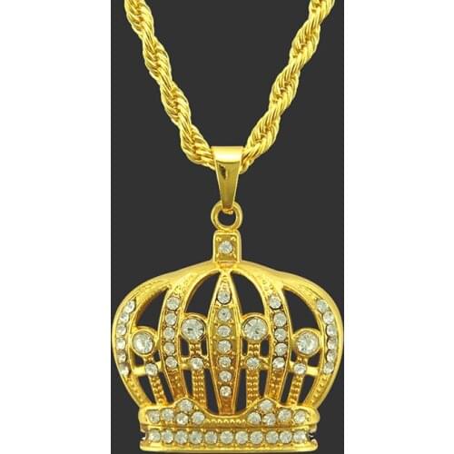 2019 Fashion Gold Crown Pendant Necklaces Women Men Hip Hop Jewelry Trendy Statement Long Chain Crystal Rhinestone Necklace Gift