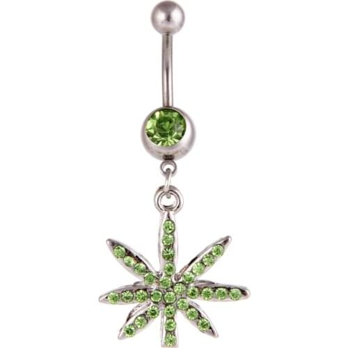 2019 new arrivals Pot Leaf Gem Paved green rhinestone 14g 316L Navel Dangle Belly button Rings body jewelry