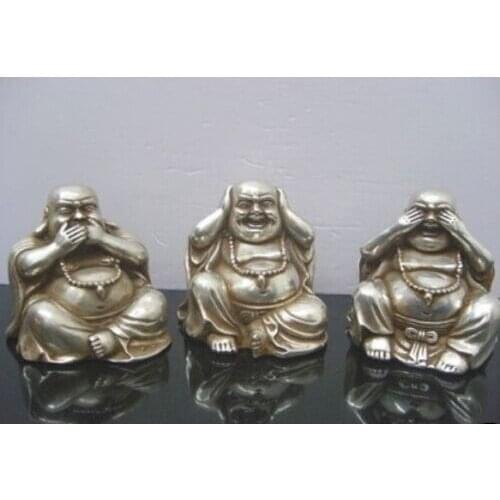 Free Shipping Rare Interesting Tibet Silver carved 3 Happy Laughing Buddha Art Small Statue