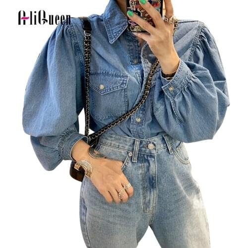 Spring Autumn Cotton Long Lantern Sleeve Women Tops and Blouses Female Loose Bule Denim Shirt Blusas Oversize Mujer De Moda 2019