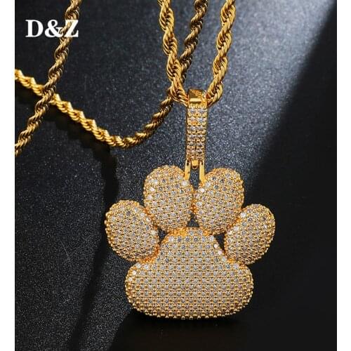 D&Z AAA CZ Stone Paved Bling Iced Out Bear Print Pendants Necklace Iced Out Gold Silver Color Animal Foot Print Pendant