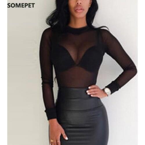 Sexy Women T Shirt See Through Transparent Mesh Tops Long Sleeve Sheer Slim Ladies Turtleneck T-Shirt