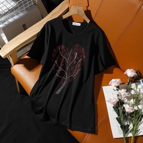 Hiawatha 2020 Summer Black Cotton Short Sleeve T-Shirt Fashion Hot Drilling O-Neck Plus Size T Shirts TX093