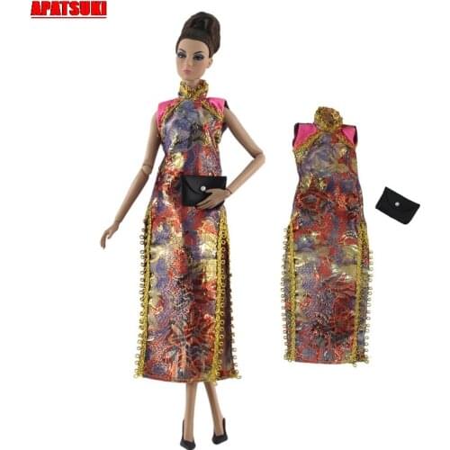 Chinese Qipao Cheongsam Floral Dress For Barbie Doll Clothes Evening Gown Dress Outfits Clothing For Barbie 1/6 Doll Accessories
