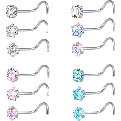 ZS 22g CZ Crystal Nose Studs Sets 12PCS/3PCS Nose Rings Studs Set Stainless Steel Nose Piercing Screws Fashion Nose Septum Rings