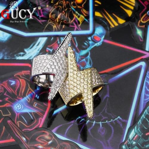 GUCY Lightning Ice Out Cubic Zircon Mens Ring 14 K Copper Charm Gold Silver Color Party RING Fashion Hip Hop Rock Jewelry