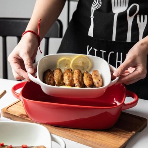 Creative European Elliptical Ceramic Binaural Baking Tray Home Soup Plate Red and White Baked Rice Plate Rectangular Cheesecake