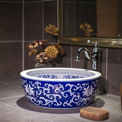 Round Bathroom Counter Top Wash Basin Cloakroom Hand Painted Vessel Sink bathroom sink china wash basin blue white