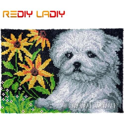 Latch Hook Rug Chunky Yarn Tapestry Kits DIY Carpet Rug White Puppy Knitted Floor Mat Crocheting Cushion Arts & Crafts 85*58cm