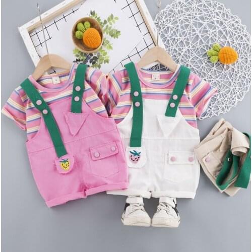 Summer Children Cotton Clothes Baby Girls Strips T-Shirt Overalls Bib Pants 2Pcs/Sets Infant Kids Fashion Toddler Tracksuits