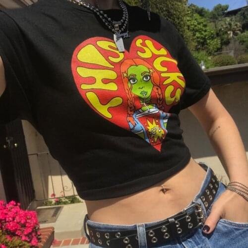 Harajuku Summer Cartoons Streetwear T-shirt E-Girls Print Short Sleeve O-Neck Sexy Soft Tops Women Chic Casual Vintage Slim Tee