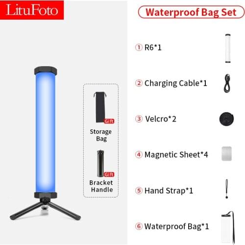 LituFoto R6 RGB Color LED Fill Light Handheld Application Control 10W 3200k-7500k For Outdoor Photography Flash Lights Stick Set