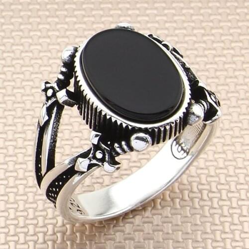 Oval Black Onyx Stone Men Silver Ring With Sword Motif Made in Turkey Solid 925 Sterling Silver