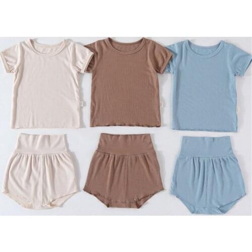 2021 new childrens short-sleeved suit cotton Korean version of boy and girl T-shirt shorts two-piece baby summer