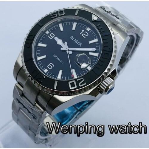 New Bliger 43mm Top Mechanical Watch Silver Case Sapphire Glass Ceramic Bezel Black Dial Waterproof Luminous Automatic Watch
