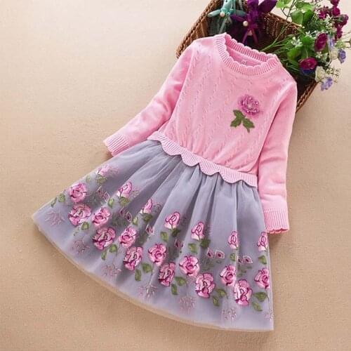 Autumn Winter Warm Kids Dress for Girl Flower Pattern Girls Sweater Dresses Knitted Princess Party Dress RT583