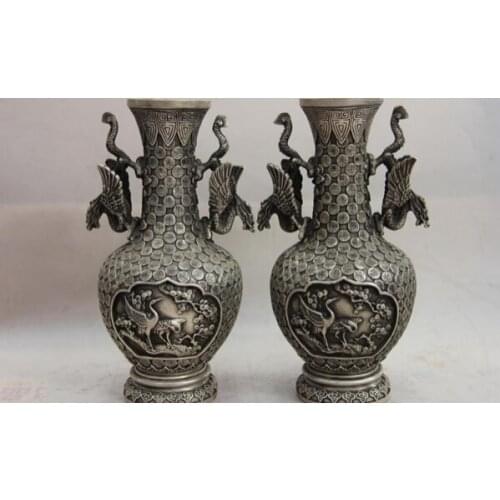 Song voge gem S1586 China Copper Silver Dragon Phoenix Red-crowned crane plum blossom Vase Pair