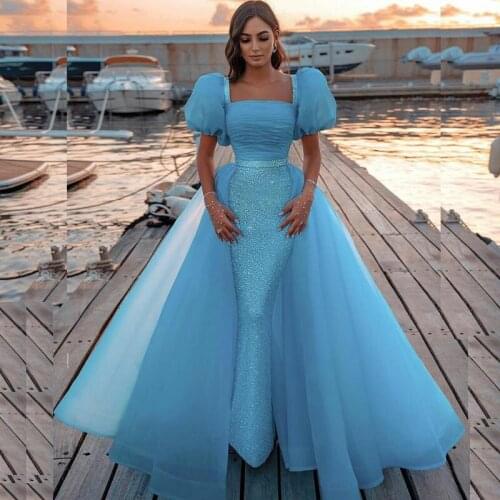 Sequined Middle East Overskirt Prom Dress Mermaid Evening Dress Short Sleeves vestido de fiesta de boda