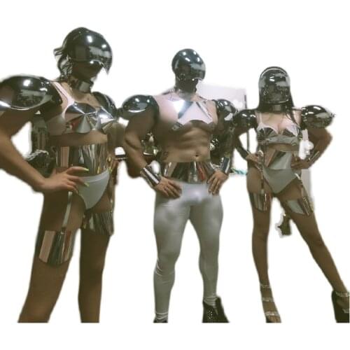 Silver singer gogo dancer cloth Future show costume sexy women men club bar stage performance armor