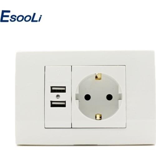 Esooli Wall USB Socket Plug Grounded 16A EU Standard Outlet With 1000mA Dual USB Socket Charger Port for Mobile 118mm*80mm