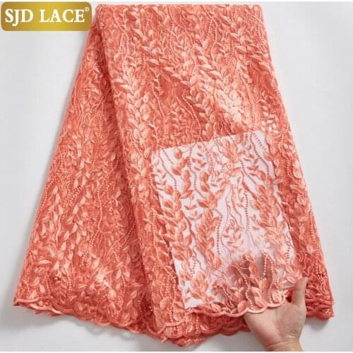SJD LACE Peach Nigerian African Net Lace Fabric With Stones Embroidery French Lace Fabric Soft Mesh For Brids Dress Sewing A2363