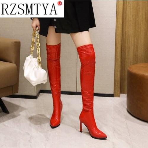 Red Sexy Over The Knee Boots Women High Heels Shoes Ladies Thigh High Boots Spring Leather Long Boots Female Shoe Plus Size 40