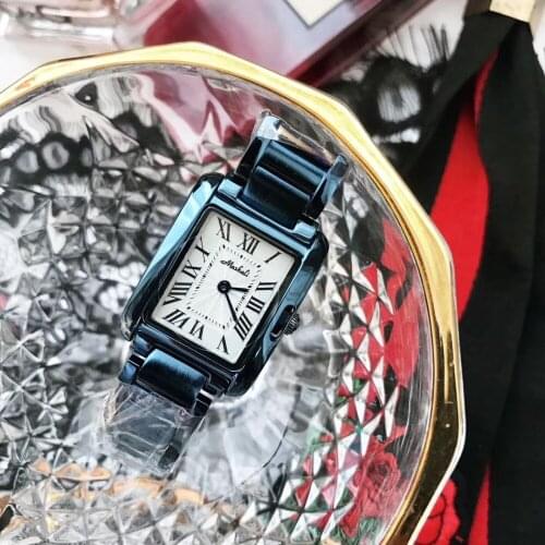 Vintage Square Women Roman Dress Watches Anti Fading Full Blue Business Statement Watch 2 Hands Analog Steel Bracelet Wristwatch