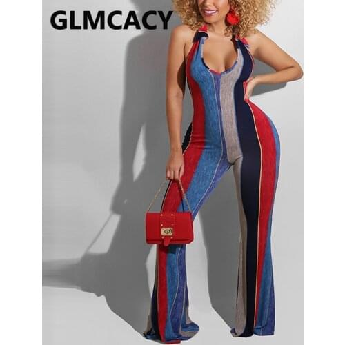 Women Causal Striped Sleeveless Halter Jumpsuit Summer V Neck Flare Pants Overalls Wide Leg Loose Jumpsuit