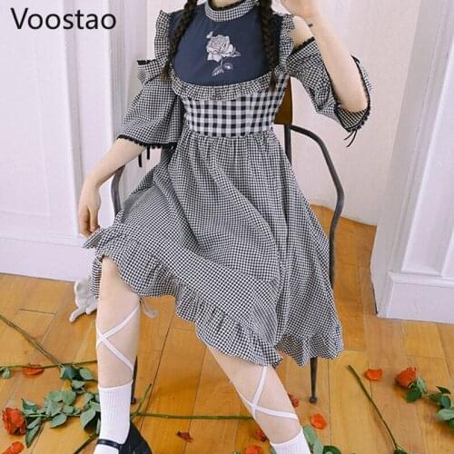 Harajuku Gothic Lolita Dress Women Summer Japanese Sweet Rose Print Ruffle Lace Party Dresses Vintage Girly Kawaii Plaid Dress
