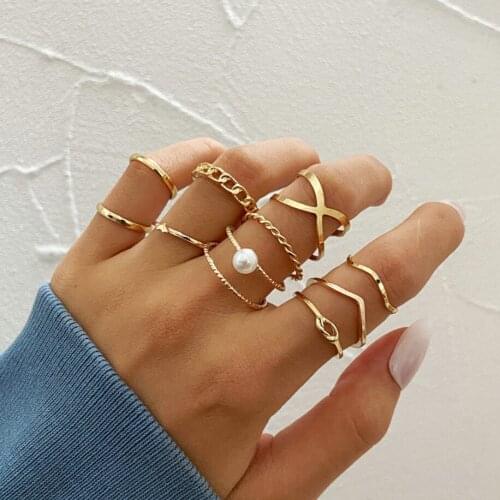 Gold color Retro Knuckle Rings For Women Vintage Geometric simple cute pearl twisted Ring Set Party Bohemian Jewelry 10 PCS/Set