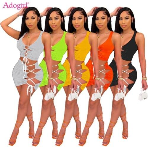 Adogirl 2021 Summer Women Sexy Lace Up Two Piece Set V Neck Sleeveless Vest Crop Top Mini Skirt Holiday Beach Suit Female Dress