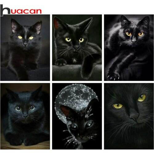 Huacan Diamond Painting Black Cat Full Drill Diamond Mosaic Animal Decoration Painting With Diamonds Room Decor