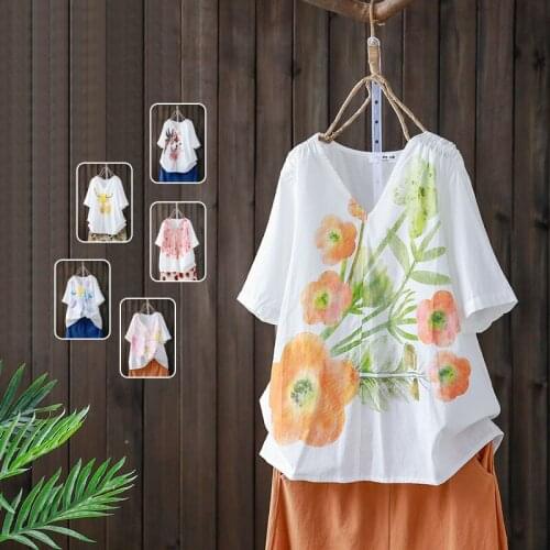 Boho Plus Size Floral print Cotton Linen Top Women Tops and Blouses Short Sleeve Female Korean casual Summer Thin Shirts Blusas