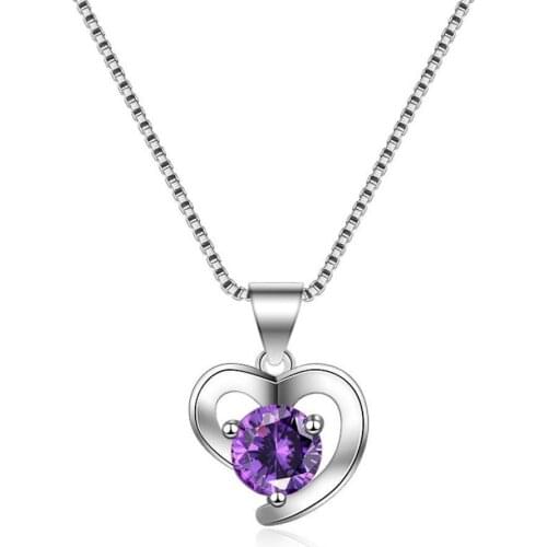 Color Preserving Heart shape Necklace alloy material slide pendant Imitation Rhodium Plated white purple crystal brass chain