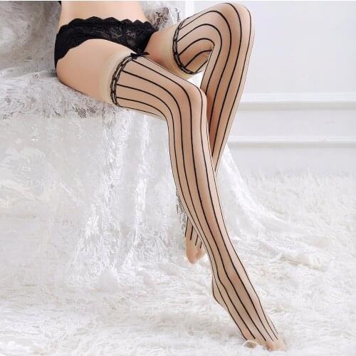 Women Thigh High Stockings Black Line Print Stocking Stay Up Medies Thigh High Hosiery Strip Collant Sexy Medias