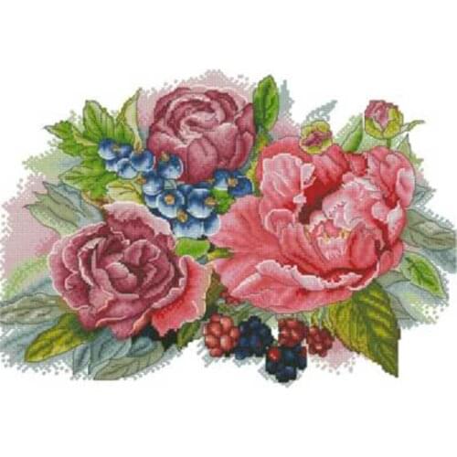 Peony flowers and red berries Counted Cross Stitch 11CT 14CT 18CT DIY Cross Stitch Kits Embroidery Needlework Sets home decor