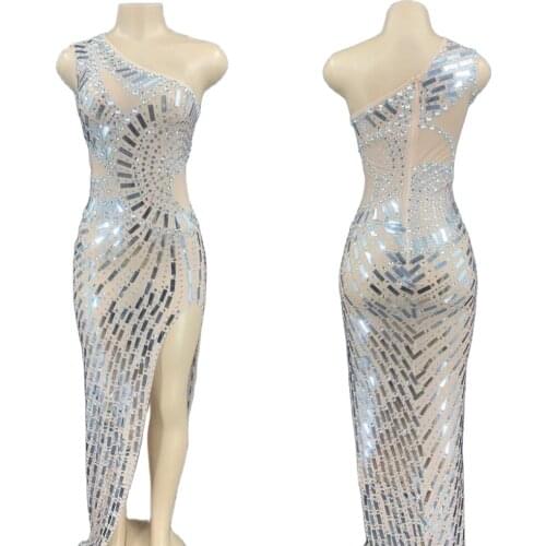 Mirror Sequins Long Dress One Shoulder Skinny Split Skirts Women Party Prom Formal Dress Nightclub Singer Show Actor Outfits