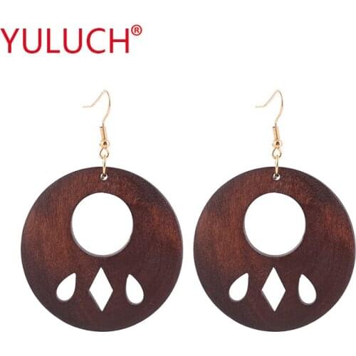 YULUCH Ethnic Jewelry New Design Natural Wooden Round Cutout Three Drop Earrings for Retro African Woman Party Gifts