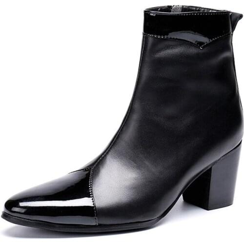 Italian Genuine Leather Men Ankle Boots Black Pointed Toe Fashion Classic Office High Heels Boots Designer Shoes Men Plus Size