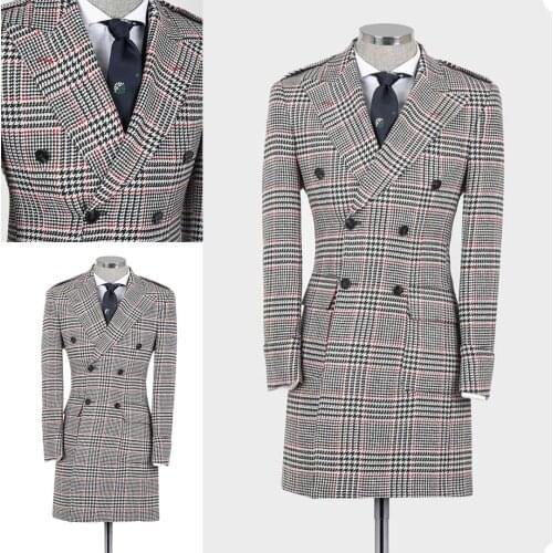England Style Plaid Coat Custom Made Peaked Lapel Double Breasted Check Blazer Prom Party Streetwear Loose Male Clothes Jacket