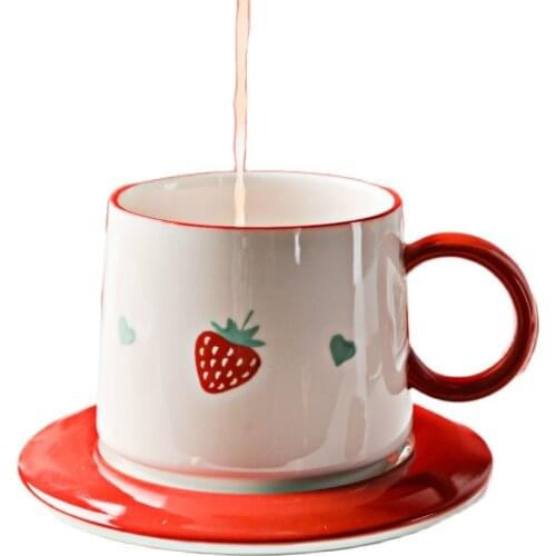 Strawberry Ceramic Mug Set Ins Coffee Cup Milk Water Cup Creative Girls Heart Afternoon Tea Cup Canecas Birthday Gift CM072