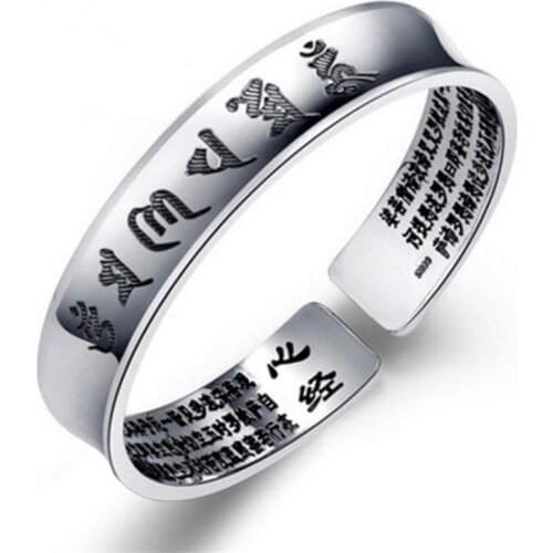 KOFSAC New Thai Silver Heart Sutra Bangles Tibetan Buddhism Six Word Mantra Bracelets For Women Open Bangle Lady Jewelry Gifts